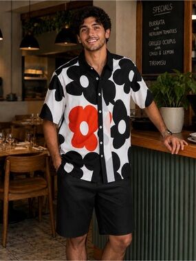 Men's Short-Sleeve Floral Button-Up Shirt - White with Black & Red Floral
